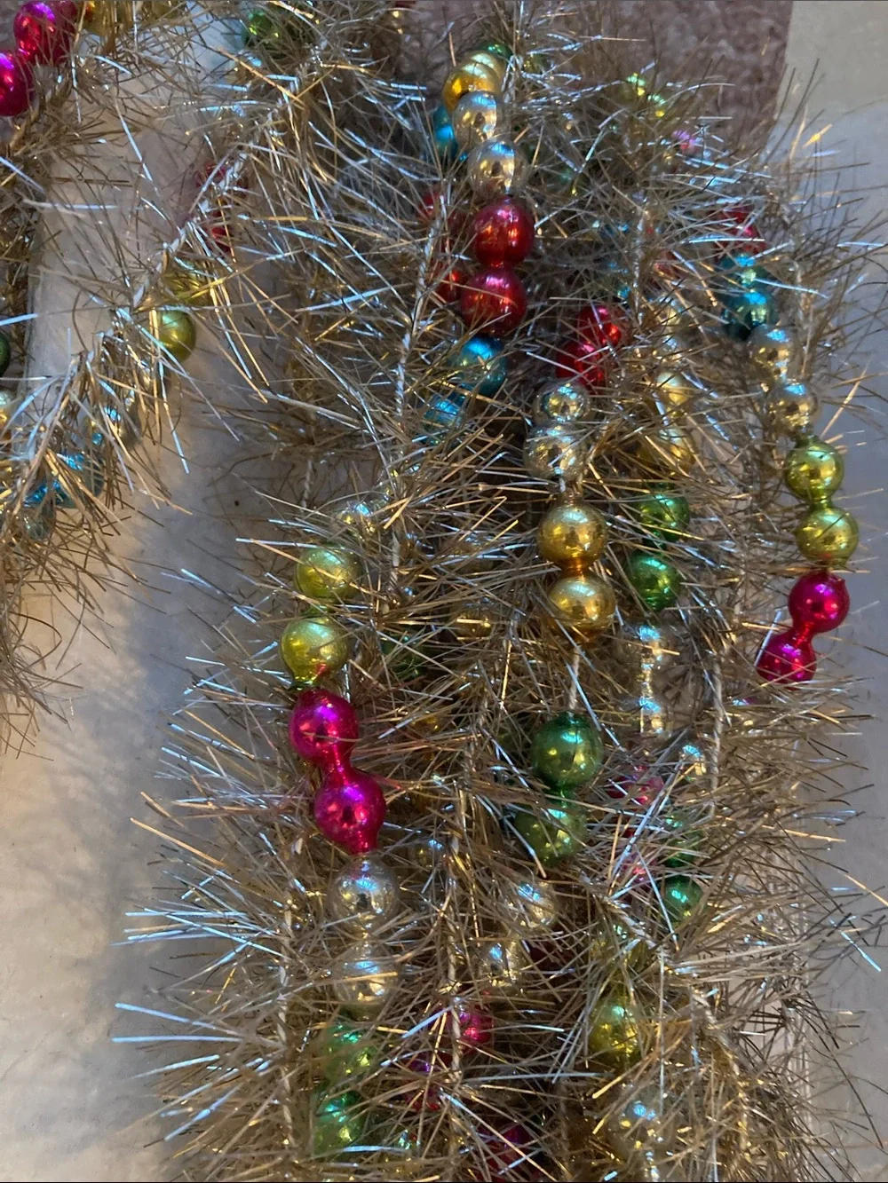 Antique VTG Mercury glass bead & tinsel garland 180” rare! 40s